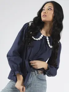 Sera Women Peter Pan Collar Floral Lace Detail Oversized Shirt