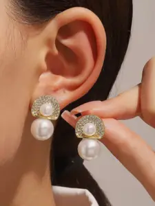 SUBHAGALANKAR Gold-Plated Stones Studded & Beaded Spherical Shaped Drop Earrings