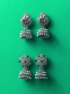 aadita Set Of 2 Silver-Plated Artificial Stones Studded Dome Shaped Jhumkas