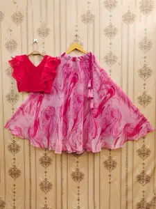 JOVK DESIGN Girls Tie And Dye Printed V Neck Georgette Blouse & Lehenga