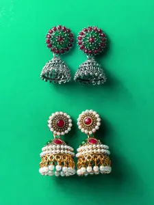 aadita Set Of 2 Silver-Plated Artificial Stones Studded Dome Shaped Jhumkas