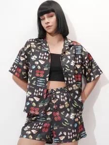 Tokyo Talkies Minnie Mouse Printed Shirt Collar Shirt With Shorts