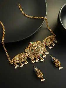 aadita Gold-Plated Kundan Studded & Artificial Beaded Temple Necklace & Earrings