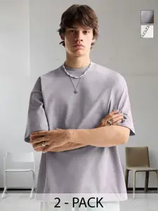 PRONK Men Pack of 2 Solid Round Neck Cotton Oversized T-shirts