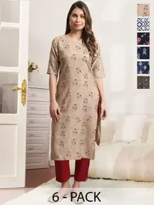 7Threads Women Pack Of 6 Floral Printed Floral Straight Kurta
