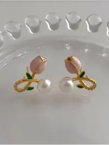 SUBHAGALANKAR Gold-Plated Artificial Stones Studded & Beaded Floral Shaped Studs
