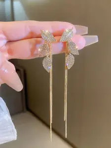 KRENOZ Gold-Plated Cubic Zirconia Studded Leaf Shaped Drop Earrings