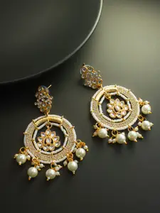 aadita Gold-Plated Kundan Stones Studded & Beaded Dome Shaped Jhumkas