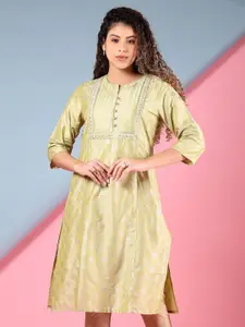 V-Mart Floral Printed Panelled Notch Neck Sequinned Cotton Straight Kurta