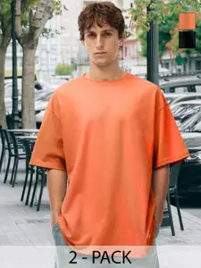PRONK Men Pack of 2 Solid Round Neck Cotton Oversized T-shirts