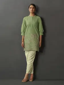 Anouk Floral Embroidered Thread Work Mandarin Collar Pure Cotton Straight Kurta