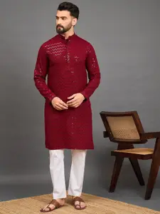 House of Pataudi Geometric Embroidered Sequinned Mandarin Collar Straight Kurta