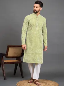 House of Pataudi Geometric Thread Work Embroidered Mandarin Collar Straight Kurta