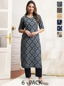 7Threads Women Pack of 6 Printed Regular Straight Kurtas