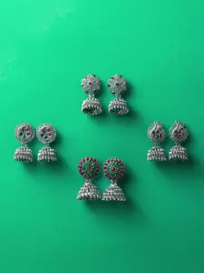 aadita Set Of 4 Silver-Plated Artificial Stones Studded Dome Shaped Jhumkas