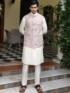 PATR Katan Embroidered Bundi  Woven Nehru Jacket