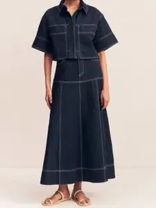 all about you Indigo Edge Denim Self Design Shirt Collar Crop Shirt & Skirt