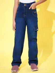 Purple Feather Girl Straight Fit High-Rise Light Fade Stretchable Cargo Styles Jeans