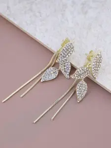 VAGHBHATT  Gold-Plated Cubic Zirconia Studded Leaf Shaped Drop Earrings