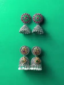 aadita Set Of 4 Silver-Plated Artificial Stones Studded Dome Shaped Jhumkas