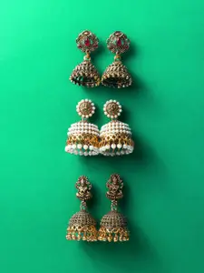 aadita Set Of 3 Gold-Plated Artificial Stones Studded Dome Shaped Jhumkas