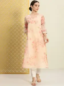 House of Pataudi Floral Printed Round Neck A-Line Kurta