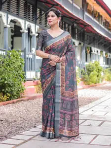 SGF11 Woven Design Floral Printed Pure Linen Saree
