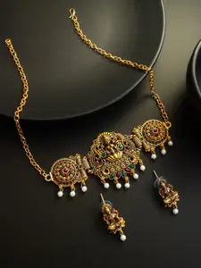 aadita Gold-Plated Kundan Studded & Artificial Beaded Temple Necklace & Earrings