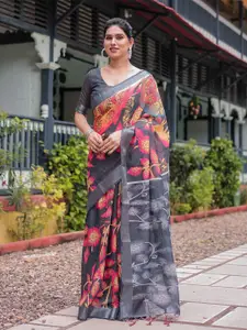 SGF11 Woven Design Zari Floral Printed Pure Linen Saree
