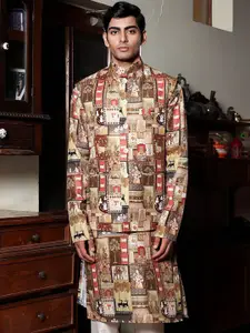 PATR Printed Mandarin Collar Woven Nehru Jacket