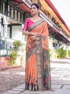SGF11 Floral Pure Linen Saree With Unstitched Blouse Piece