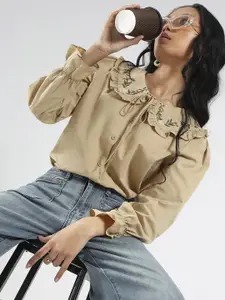 Sera Women Embriodered Peter Pan Collar Oversized Korean Shirt