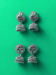 aadita Set Of 2 Silver-Plated Artificial Stones Studded Dome Shaped Jhumkas