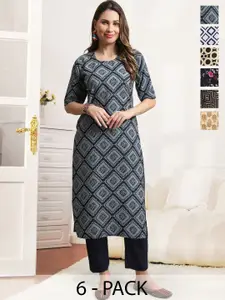 7Threads Women Pack Of 6 Ethnic Motifs Printed Kurta