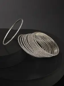 T4 JEWELS Set Of 12 Silver-Plated Zircon Stone-Studded Antique Bangles