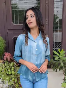 Maaesa Relaxed Fit Tie & Dyed Spread Collar Gathers Casual Shirt