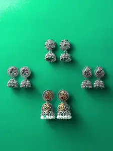 aadita Set Of 4 Silver-Plated Artificial Stones Studded Dome Shaped Jhumkas