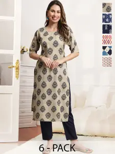 7Threads Women Pack of 6 Ethnic Motifs Printed Crepe Kurta