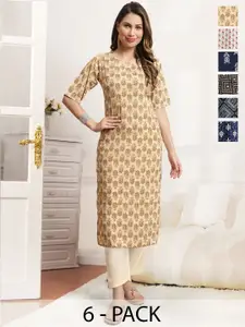 7Threads Women Pack of 6 Ethnic Motifs Printed Crepe Kurta