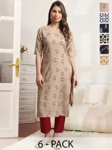 7Threads Women Pack of 6 Ethnic Motifs Printed Crepe Kurta
