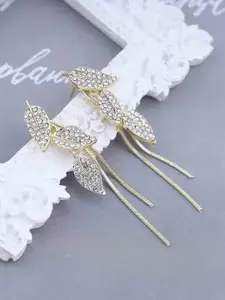 KRENOZ Gold-Plated Cubic Zirconia Studded Leaf Shaped Drop Earrings