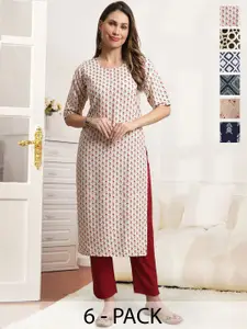 7Threads Women Pack of 6 Printed Regular Straight Kurtas