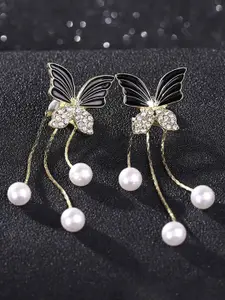 KRENOZ Gold-Plated Pearls Beaded & Rhinestone Studded Butterfly Shaped Drop Earrings