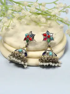 Biba Silver Plated Artificial Stones and Beads Studded Dome Shaped Jhumkas Earrings