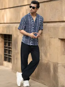 Powerlook Men Relaxed Fit Geometric Printed Cuban Collar Cotton Casual Shirt