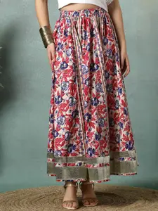 SUNEKH Floral Printed Cotton Flared Maxi Skirt