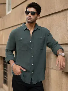 Powerlook Men Textured Spread Collar Cotton Casual Shirt