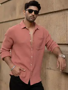 Powerlook Men Textured Spread Collar Cotton Casual Shirt