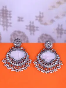 Sangria Silver-Plated Kundan-Studded & Beaded Oxidised Contemporary Shaped Drop Earrings