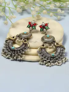 Biba Silver-Plated Artificial Stones Studded & Beaded Animal Shaped Oxidised Drop Earrings